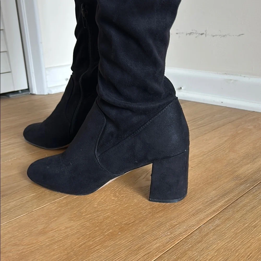 Size 8.5 | Osana | Over-The-Knee Black Heeled Boots | Chic & Sleek Silhouette